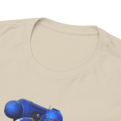 Close-up of a luxurious beige graphic t-shirt featuring a striking illustration of a blue-armoured warrior, showcasing impeccable design and detail.