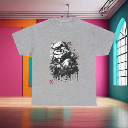 Luxury Star Wars Stormtrooper Graphic T-Shirt in grey, featuring a striking Stormtrooper design against an artistic background, embodying urban style and comfort.