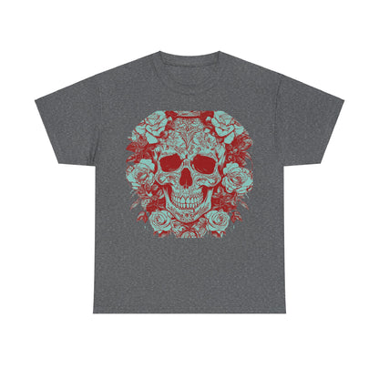 Sophisticated Skulls and Roses Cotton Tee in a dark grey shade, presenting a captivating skull and rose design that resonates with modern fashion sensibilities.