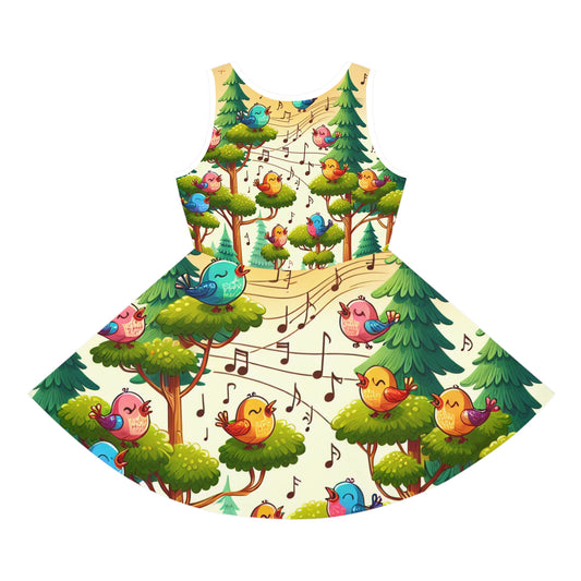 Bella Paddington Girls Sundress featuring a vibrant A-line silhouette adorned with a whimsical summer landscape print, showcasing cheerful birds and lush green trees.