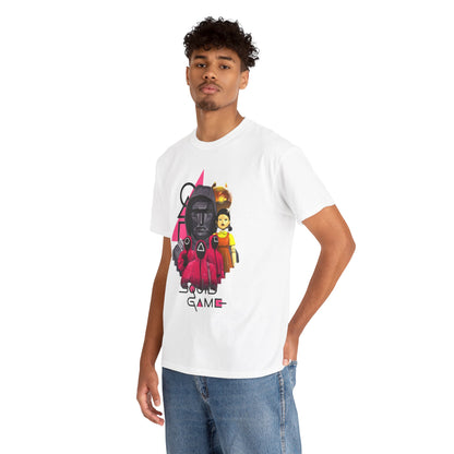 Sophisticated model wearing a Squid Game t-shirt, presenting an iconic graphic design that blends fashion with cultural themes.