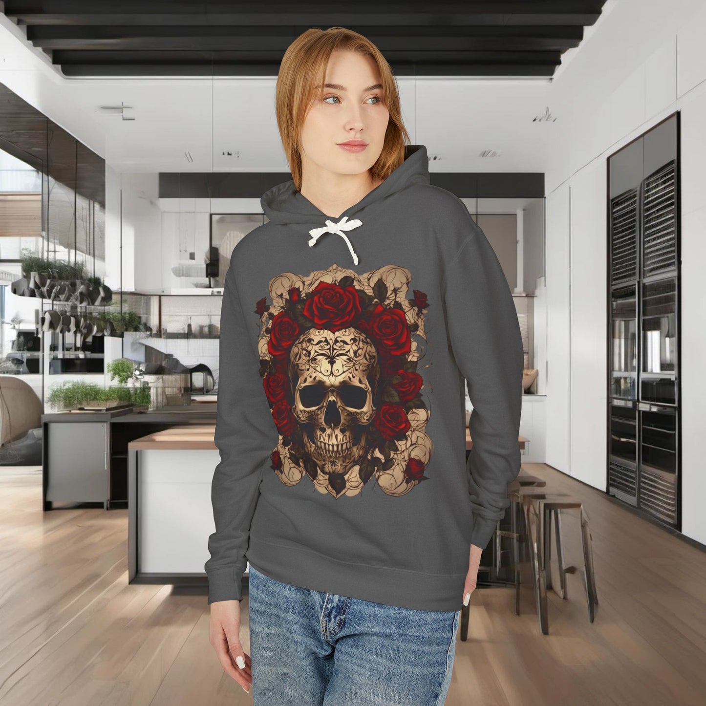 Unisex Lightweight Hooded Sweatshirt unique designer skull and roses