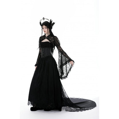 Elegant Dark In Love Belladonna Lace Bell Sleeve Goth Shrug featuring sheer floral lace with intricate detailing, perfect for romantic gothic styling.
