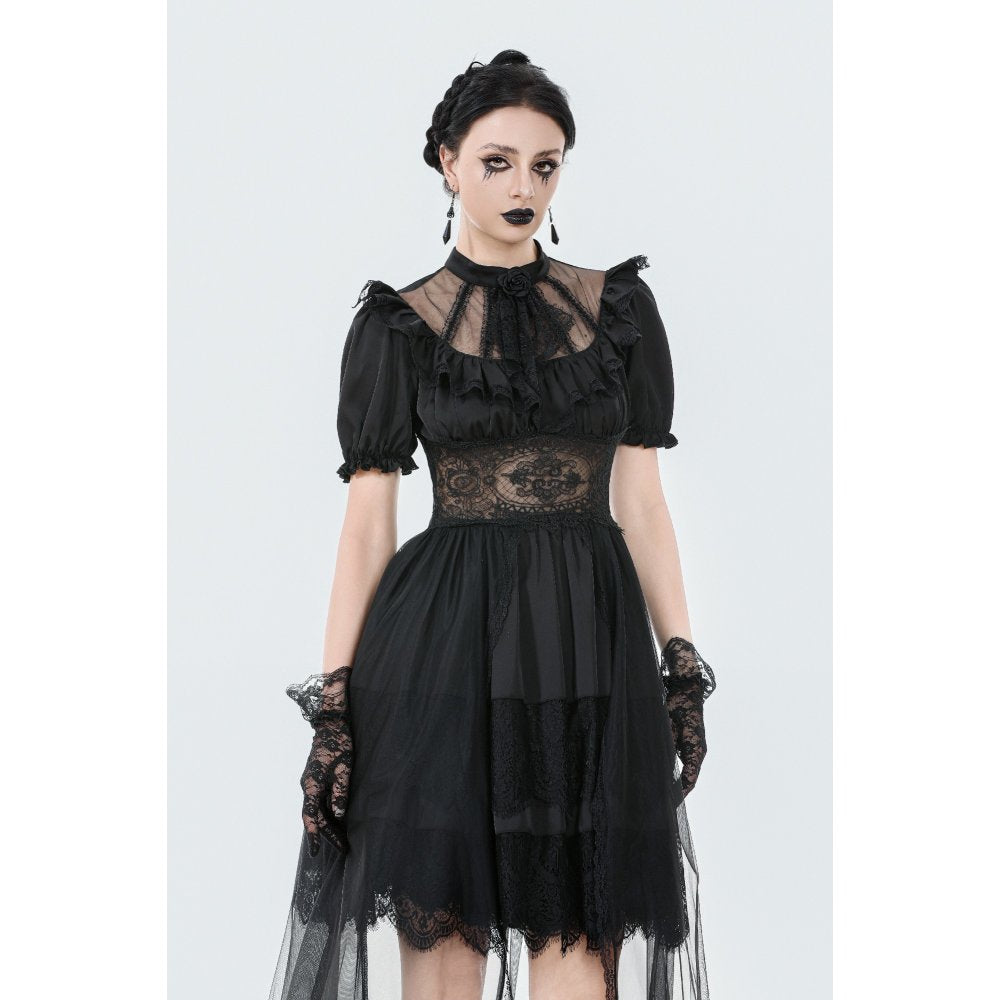 Elegant dark gothic dress featuring puff sleeves, sheer waist, and intricate lace details, perfect for alternative fashion enthusiasts.