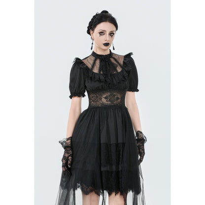 Elegant dark gothic dress featuring puff sleeves, sheer waist, and intricate lace details, perfect for alternative fashion enthusiasts.