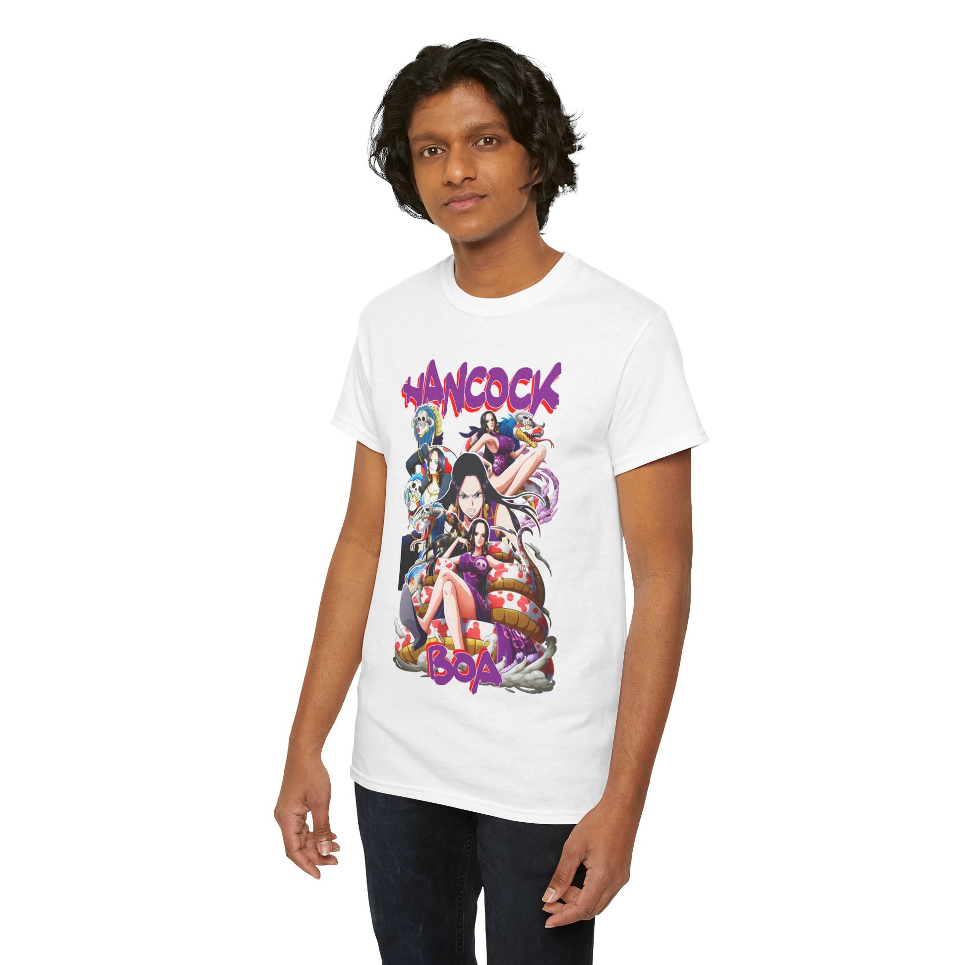 Elegant Boa Hancock Royalty T-Shirt showcased on a male model, featuring exquisite anime character illustrations and striking colours, ideal for anime enthusiasts.