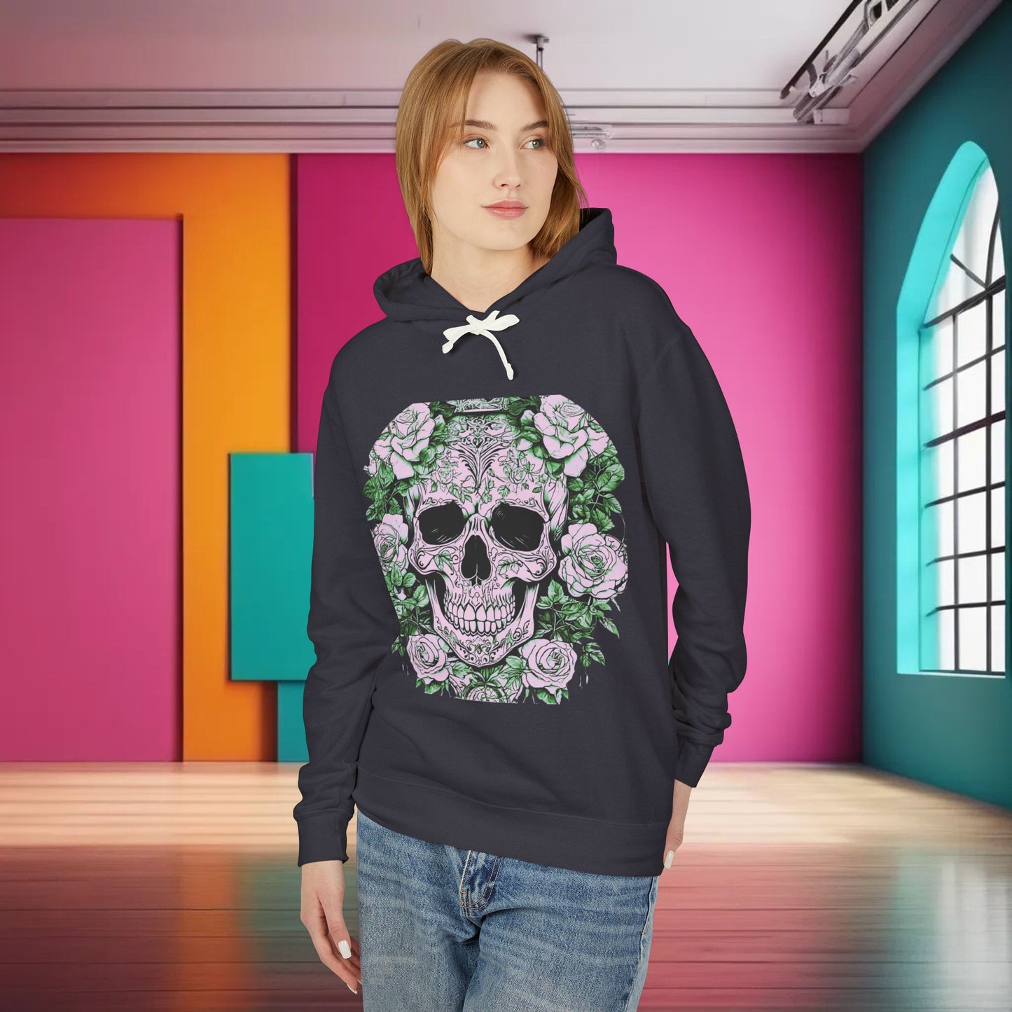 Unisex Lightweight Hooded Sweatshirt unique designer skull and roses