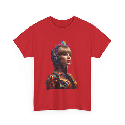 Swifties psychedelic Taylor Swift Heavy Cotton Tee in vibrant red, displaying a colourful graphic of Taylor Swift, ideal for fans of pop music.