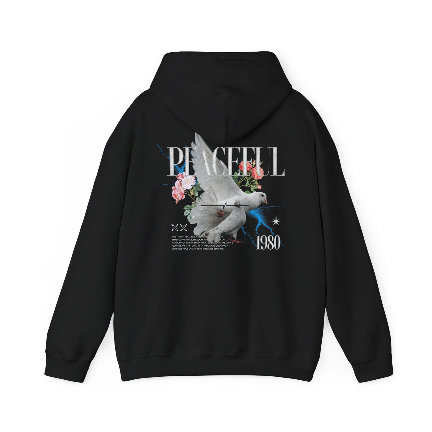 Elegant black hoodie adorned with a striking dove and floral design, showcasing the text 'PEACEFUL 1980', perfect for a luxurious casual look.