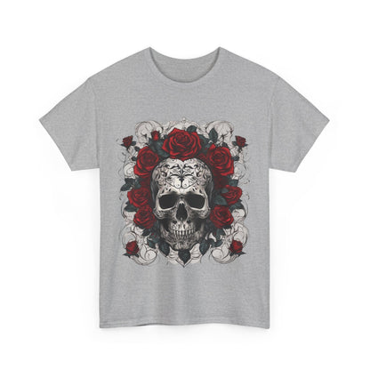 Skulls and Roses Cotton Tee, Unisex Graphic Shirt featuring an intricate skull design surrounded by vibrant red roses on a soft grey fabric, ideal for adding a touch of edgy luxury to your wardrobe.