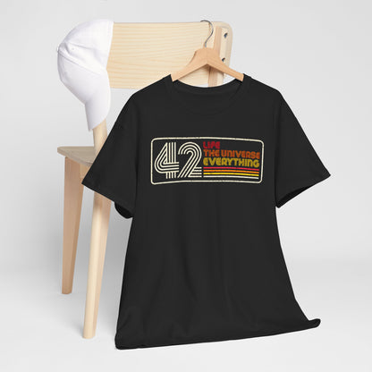 Refined T-shirt from Hitchhiker's Guide to the Galaxy draped over a chair, featuring the distinguished graphic of '42 LIFE, THE UNIVERSE, EVERYTHING', ideal for literary aficionados.