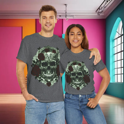Skulls and Roses Cotton Tee showcased on a couple in a vibrant setting, highlighting the unisex graphic shirt's edgy design and luxurious appeal.