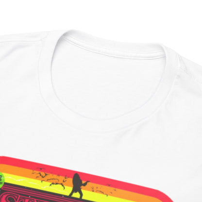 Luxurious close-up of a white cotton t-shirt neckline featuring a vibrant Stranger Things graphic design.