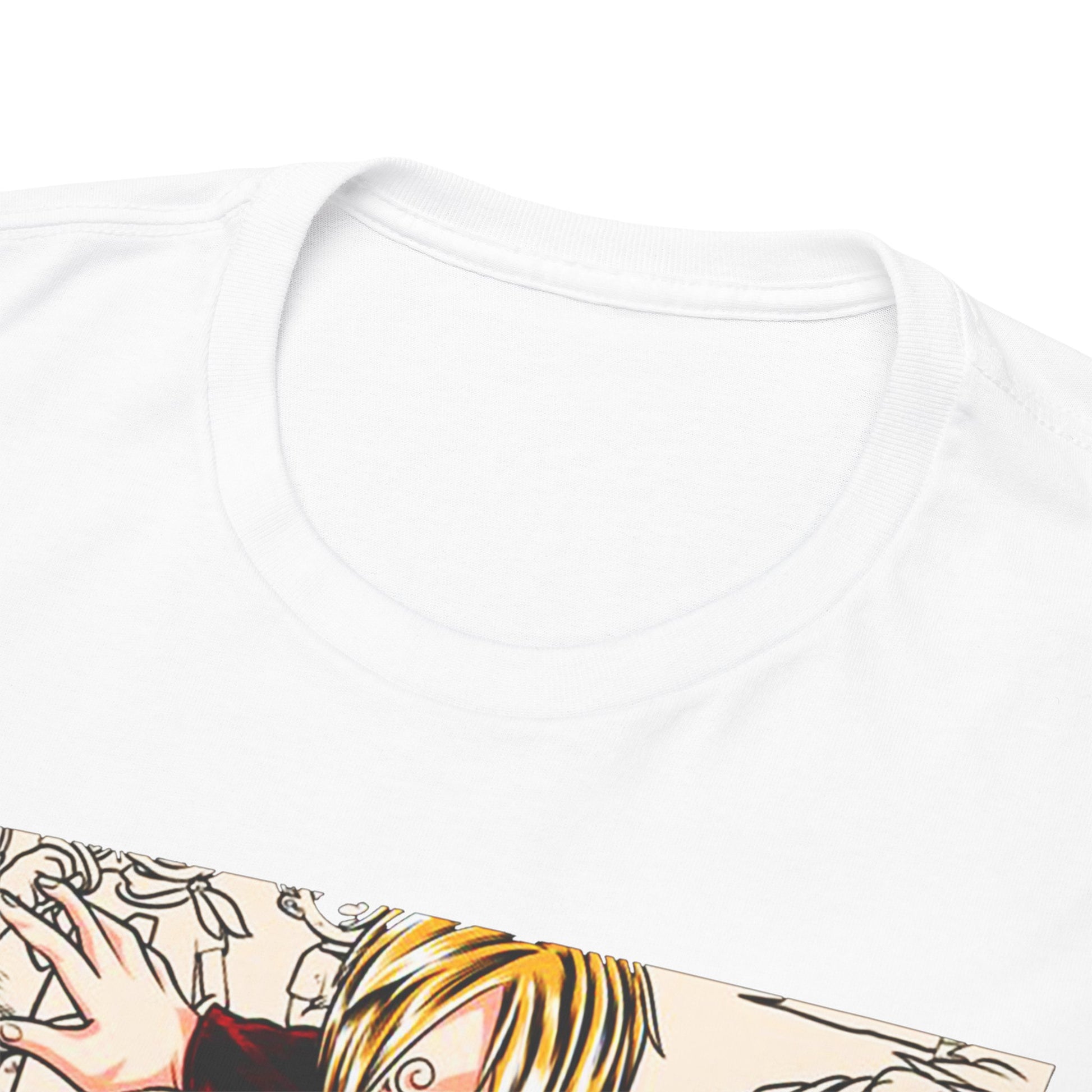 Close-up of the premium Sanji graphic tee neckline, highlighting its luxurious fabric and exquisite design inspired by anime culture.