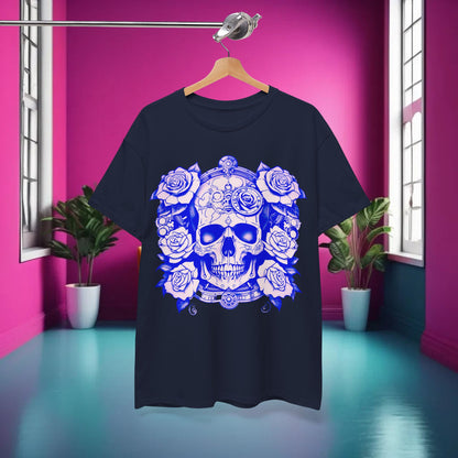 The Skulls and Roses Cotton Tee displayed on a hanger in a vibrant room, showcasing its striking skull and rose design, perfect for making a bold statement.