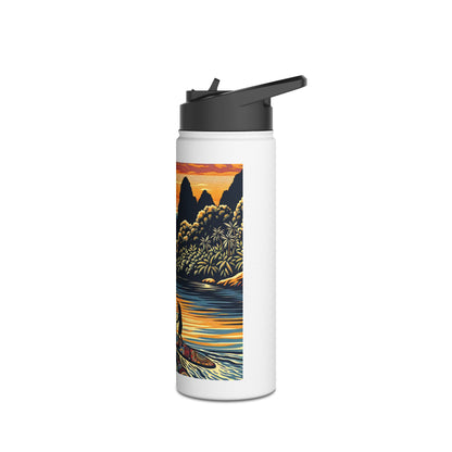 Stylish Fantasy Paddleboarding Stainless Steel Water Bottle emphasising a tranquil paddleboarding scene, a must-have accessory for adventure lovers.