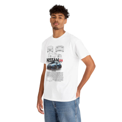 Luxury unisex Nissan GTR R35 T-Shirt featuring a detailed technical illustration of the iconic car, styled in a white fabric, worn by a model for an elegant automotive apparel.