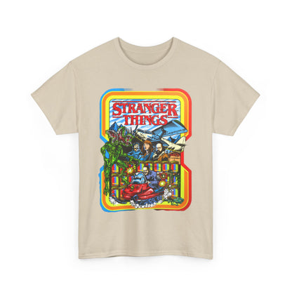 Exquisite Stranger Things graphic t-shirt showcasing a vibrant design featuring retro arcade elements and characters from the series, perfect for streetwear enthusiasts.