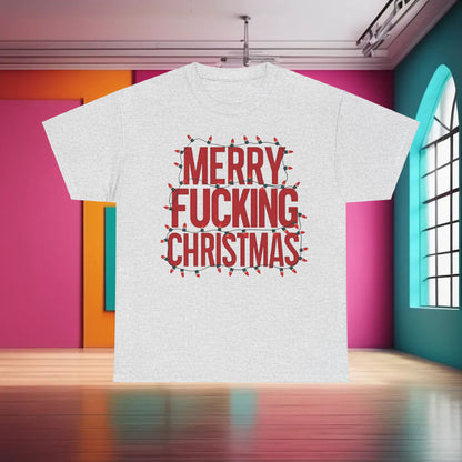 Merry Christmas Graphic T-Shirt Urban Unisex Cotton Tee in light grey with bold red text 'MERRY FUCKING CHRISTMAS' adorned with festive Christmas lights.