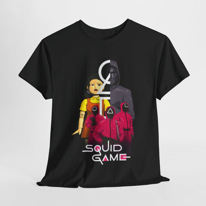 Luxurious Squid Game graphic T-shirt featuring iconic characters and emotive design on a sleek black cotton blend.