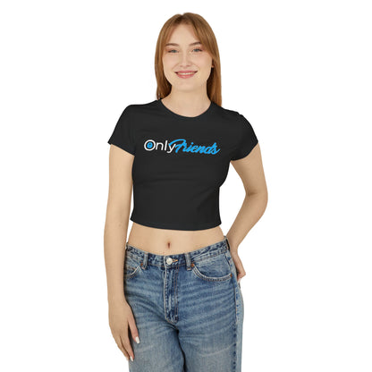 Women’s cropped t-shirt in black, elegantly displaying the phrase 'Only Friends' in light blue script, ideal for adding a playful touch to any outfit.