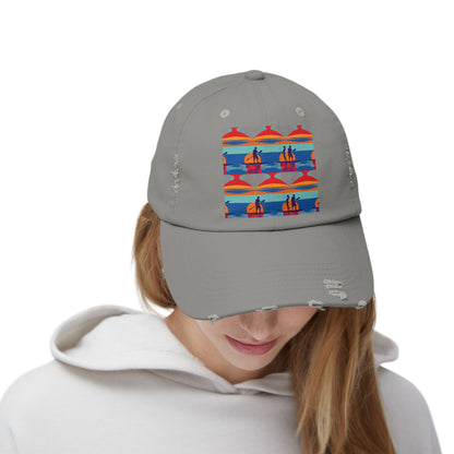 Unisex Distressed Cap featuring fantasy paddleboarding scene - a fashionable grey cap designed for luxurious outdoor adventures, appealing to passionate paddleboarders.