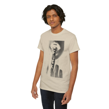 Stylish young man presenting a luxurious beige graphic t-shirt with a bold monochrome print, perfect for elevating casual attire.