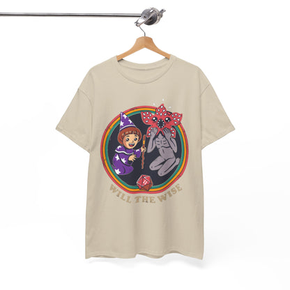 Chic beige graphic t-shirt on display, showcasing a delightful design of a wizard girl and a creature, perfect for fashion-forward fans of whimsical storytelling.