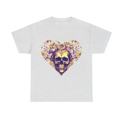 Skulls and Roses Cotton Tee - Unisex Graphic Shirt featuring an intricate skull design surrounded by roses in a heart shape, perfect for alternative fashion enthusiasts.