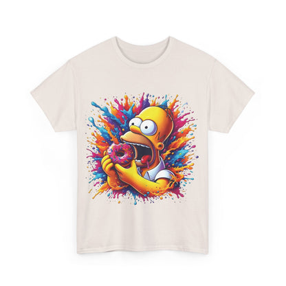 Simpsons Homer Donut Graphic T-Shirt featuring a vibrant design of Homer Simpson enjoying a delicious donut, set against a splatter of colourful paint, perfect for urban fashion enthusiasts.