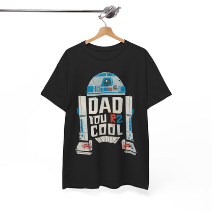 Sumptuous Star Wars R2D2 DAD Graphic T-Shirt elegantly displayed on a hanger, featuring a striking graphic and the fun phrase 'DAD YOU R2 COOL'—an exquisite gift option for discerning fathers.