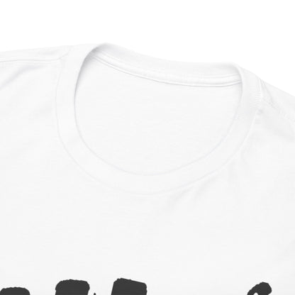 Close-up view of the neckline of a premium white t-shirt, highlighting its quality and comfort with a sleek skeletal hand graphic.