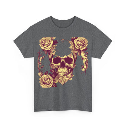 Front flat view of the Skulls and Roses Cotton Tee, elegantly displaying the intricate skull and rose graphic against a classic grey background.