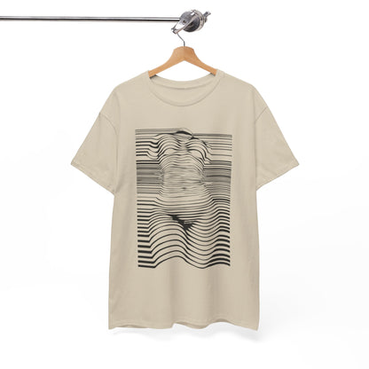 Exquisite beige t-shirt hanging on a wooden hanger, adorned with a captivating optical illusion graphic of a human form in black lines, epitomising modern artistry and elegance.