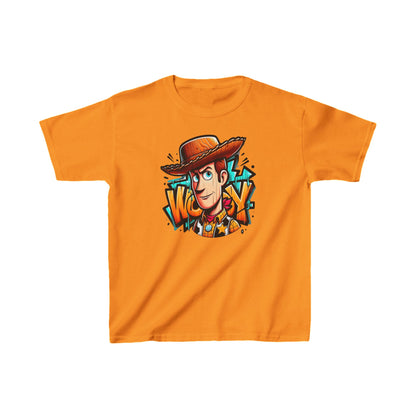 Unisex Children's Woody Toy Story Graphic Cotton Tee in bright orange featuring a dynamic Woody character graphic.