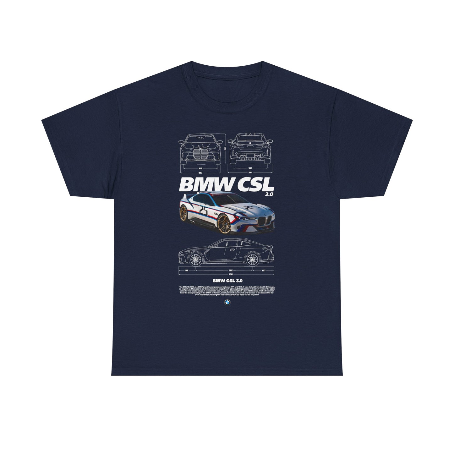Luxurious navy blue men's t-shirt featuring a detailed graphic of the iconic BMW CSL 3.0 race car, showcasing technical schematics and bold lettering.