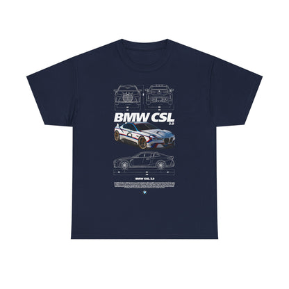 Luxurious navy blue men's t-shirt featuring a detailed graphic of the iconic BMW CSL 3.0 race car, showcasing technical schematics and bold lettering.