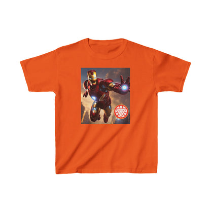 Kids Iron Man Heavy Duty T-Shirt in eye-catching orange featuring a dynamic Hulk illustration and the classic Iron Man logo, designed for adventurous children.