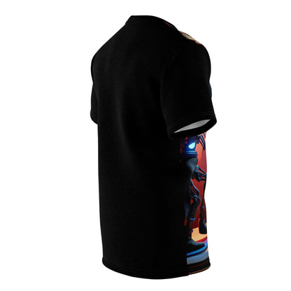 Luxurious cotton fabric of the Epic Duel T-Shirt by Dazzling Dreams Studio, highlighting intricate textures and vibrant colours of its unique marionette artwork.