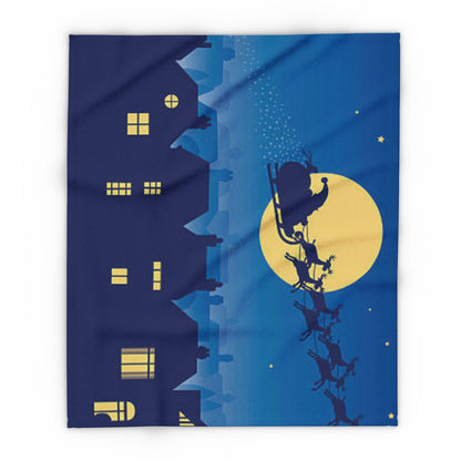Decorative and Warm Christmas Arctic Fleece Blanket featuring a charming winter scene with Santa on a sleigh flying over rooftops and a full moon, perfect for festive décor.