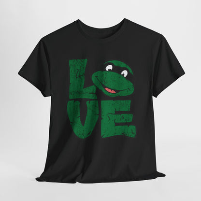 TMNT Love Unisex Mens Womens Graphic Funny T Shirt Tee Urban featuring a playful design with a vibrant green distressed font spelling 'LOVE' accompanied by a cartoon turtle's face, showcasing a unique blend of humour and nostalgia.