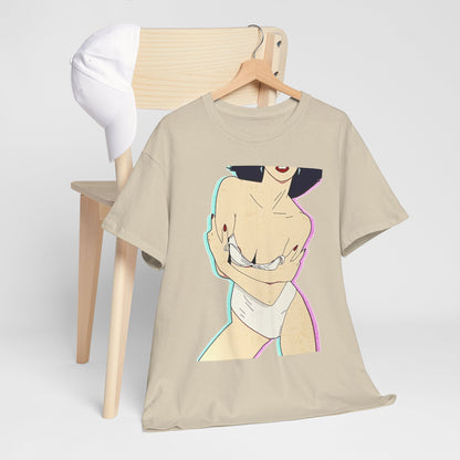 Artfully draped unisex graphic t-shirt with a suggestive pin-up design resting on a wooden chair, presenting a blend of comfort and fashion for casual outings.