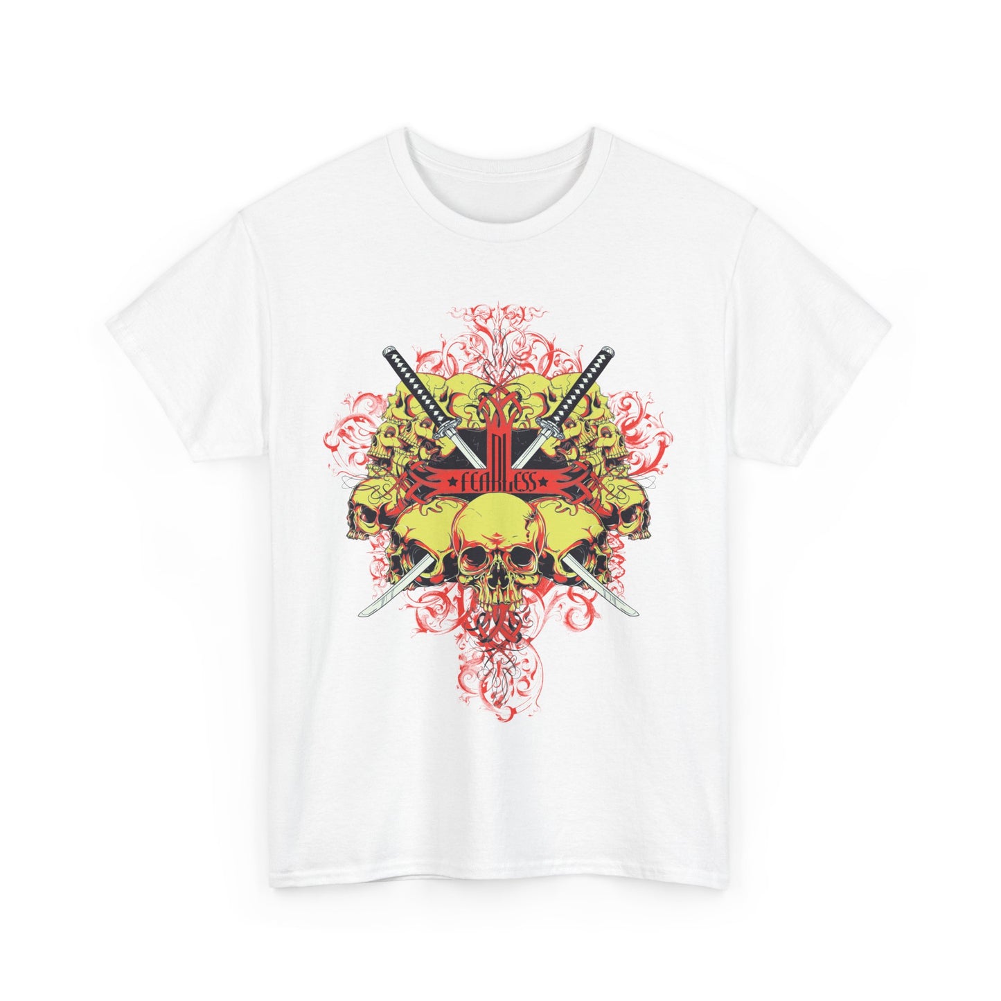 Fearless Samurai Swords graphic tee for men featuring a bold skull design and crossed swords in vibrant red and yellow hues, ideal for biker style fashion.