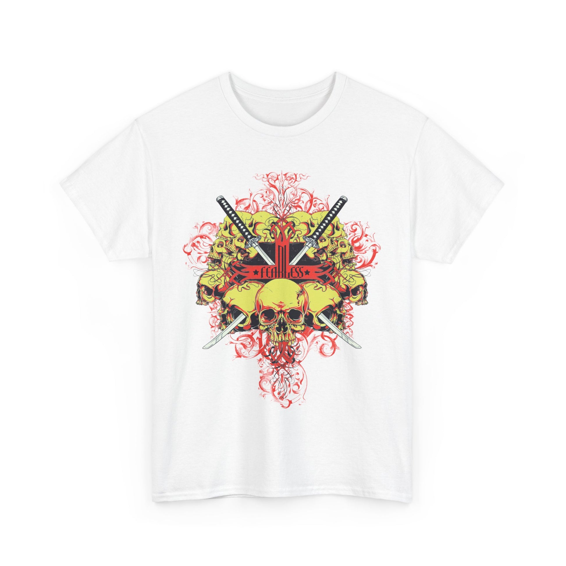 Fearless Samurai Swords graphic tee for men featuring a bold skull design and crossed swords in vibrant red and yellow hues, ideal for biker style fashion.