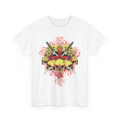 Fearless Samurai Graphic Tee for Men in white, showcasing a striking skull and swords design, ideal for making a fashionable statement.