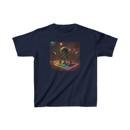 Kids Heavy Cotton Tee With Cute Aliens - Available in Navy Blue. Featuring charming alien graphics on a playful dance floor, perfect for igniting imagination in children.