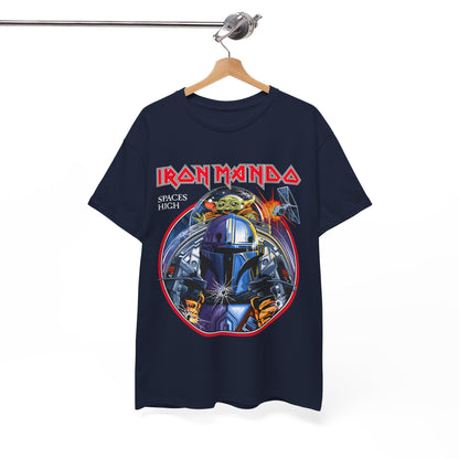Luxurious Iron Mando Graphic Tee hanging elegantly, featuring a Mandalorian design amidst a galactic backdrop, ideal for Star Wars enthusiasts.