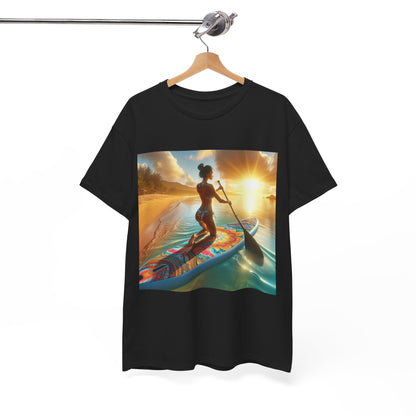 Luxurious paddleboarding t-shirt featuring vibrant graphic art, crafted by Dazzling Dreams Studio for those passionate about aquatic experiences.