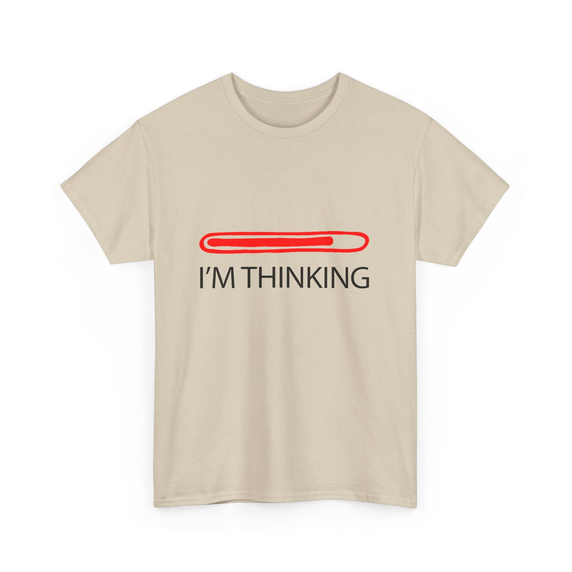 Luxurious beige men's T-shirt featuring the phrase 'I'M THINKING' accompanied by a vibrant red progress bar design, perfect for creative thinkers.