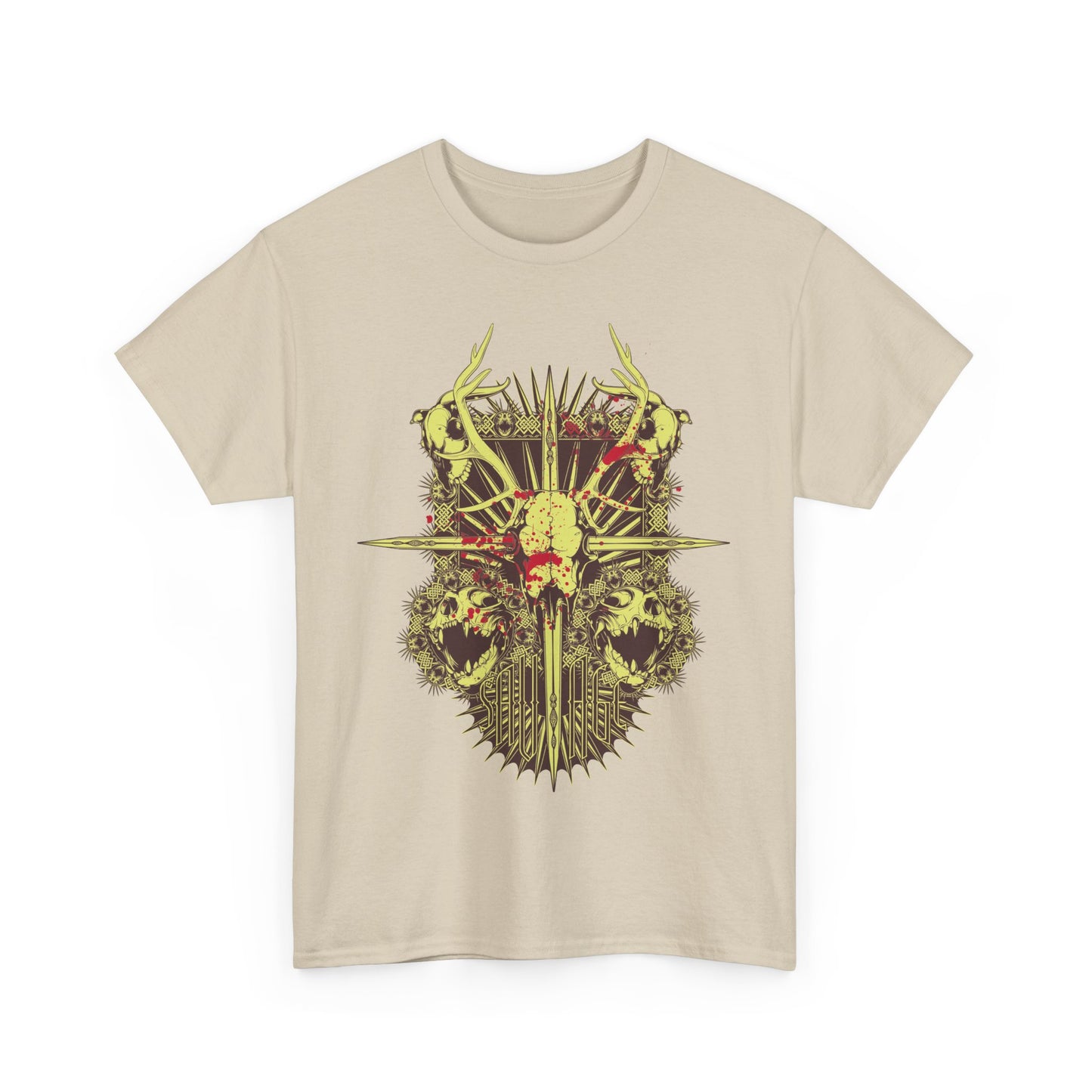 Elegant men's t-shirt featuring a captivating artistic design of a skull with antlers, set on a soft beige background, embodying a blend of mystique and modern style.